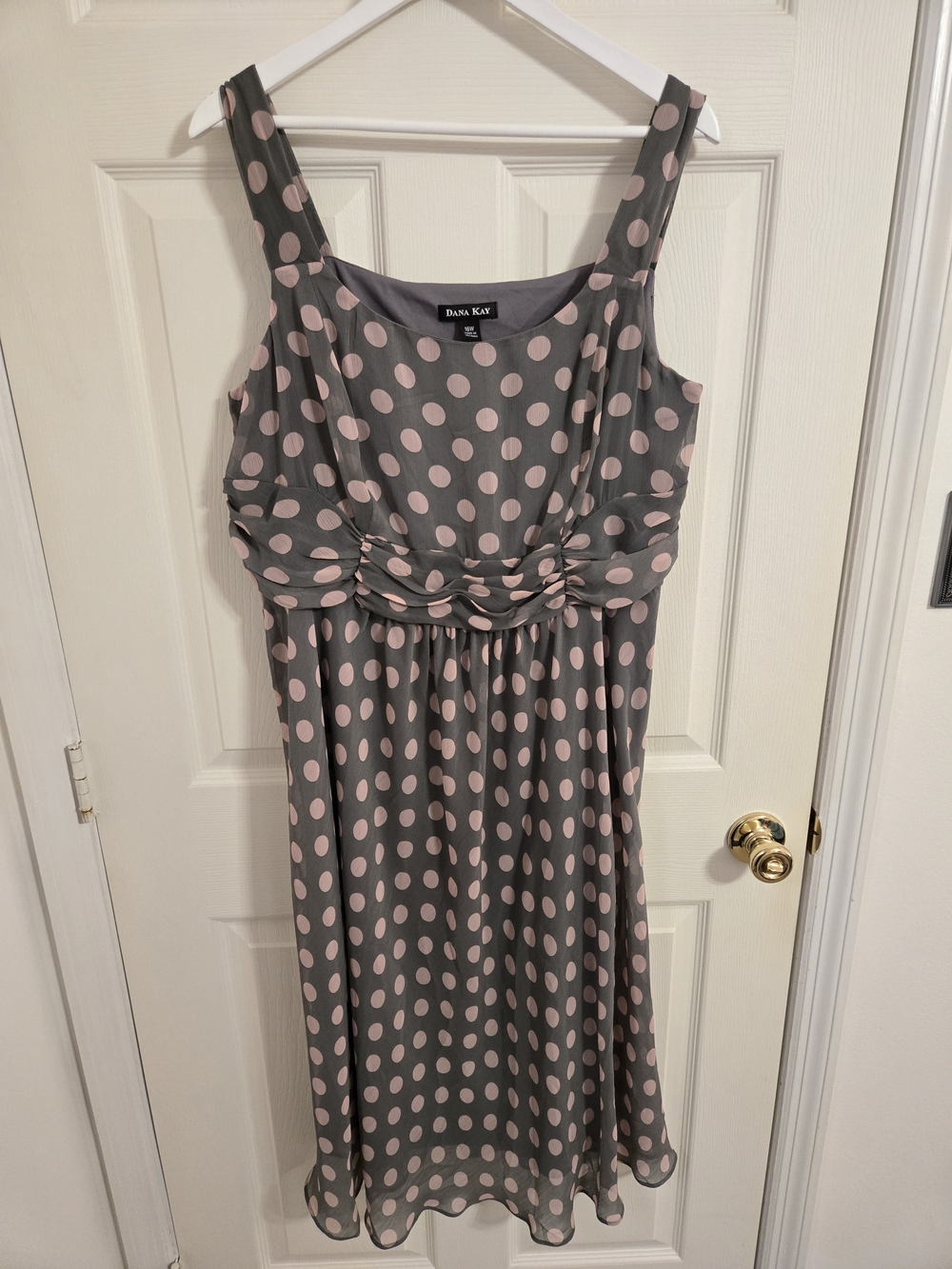Dana Kay Gray Dress with Pink Polka Dots and Gathered Waist Size 16W